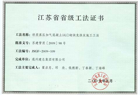 轻质蒸压加气混凝土（alc）切块免抹灰施工工法——2009年江苏省级工法